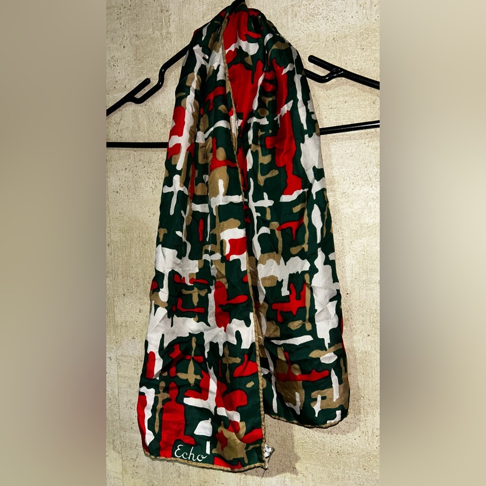 Vintage Echo NewYork 100% Silk Scarf with Red and Green